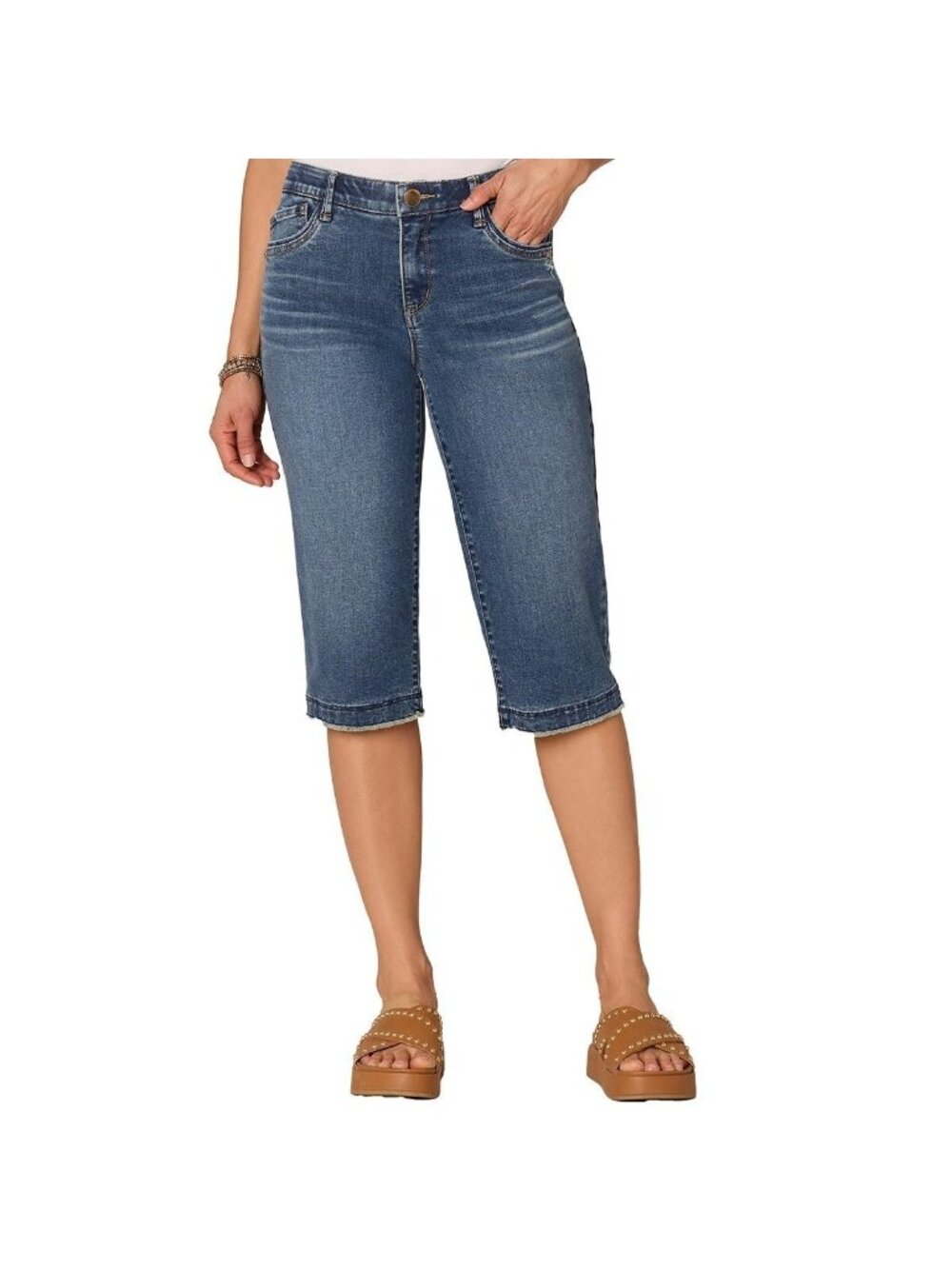 Democracy Women's "Ab" Solution Skimmer Frayed Cropped Jeans Blue Size 12 $78